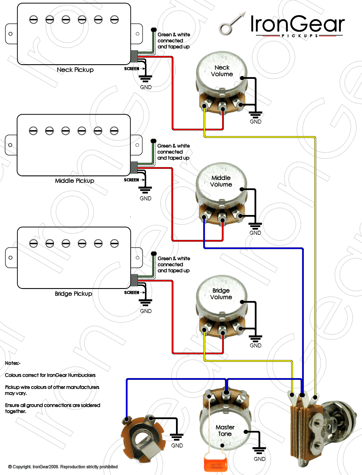 3 Humbucker Wiring Diagram One Volume One Tone from pitbullguitars.com